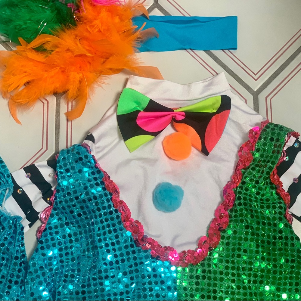 Clown costume. Children’s. 5 pieces. Turquoise and orange.